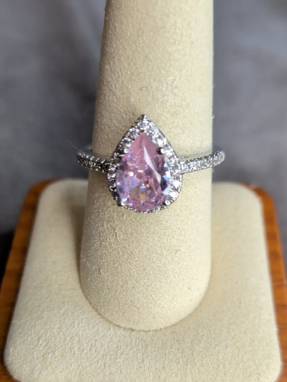 Halo Pink Pear-Cut Crystal Ring With WG